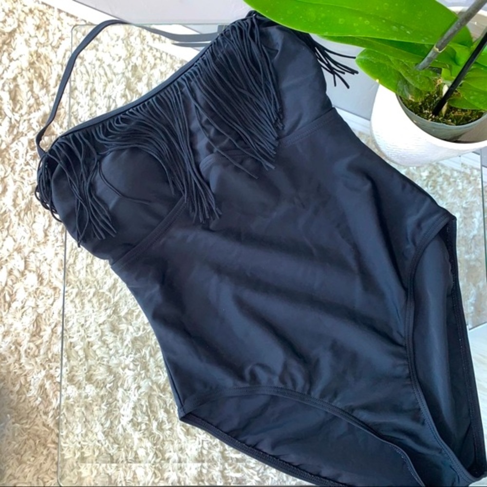 Boston Proper Black Fringe One-Piece Swimsuit